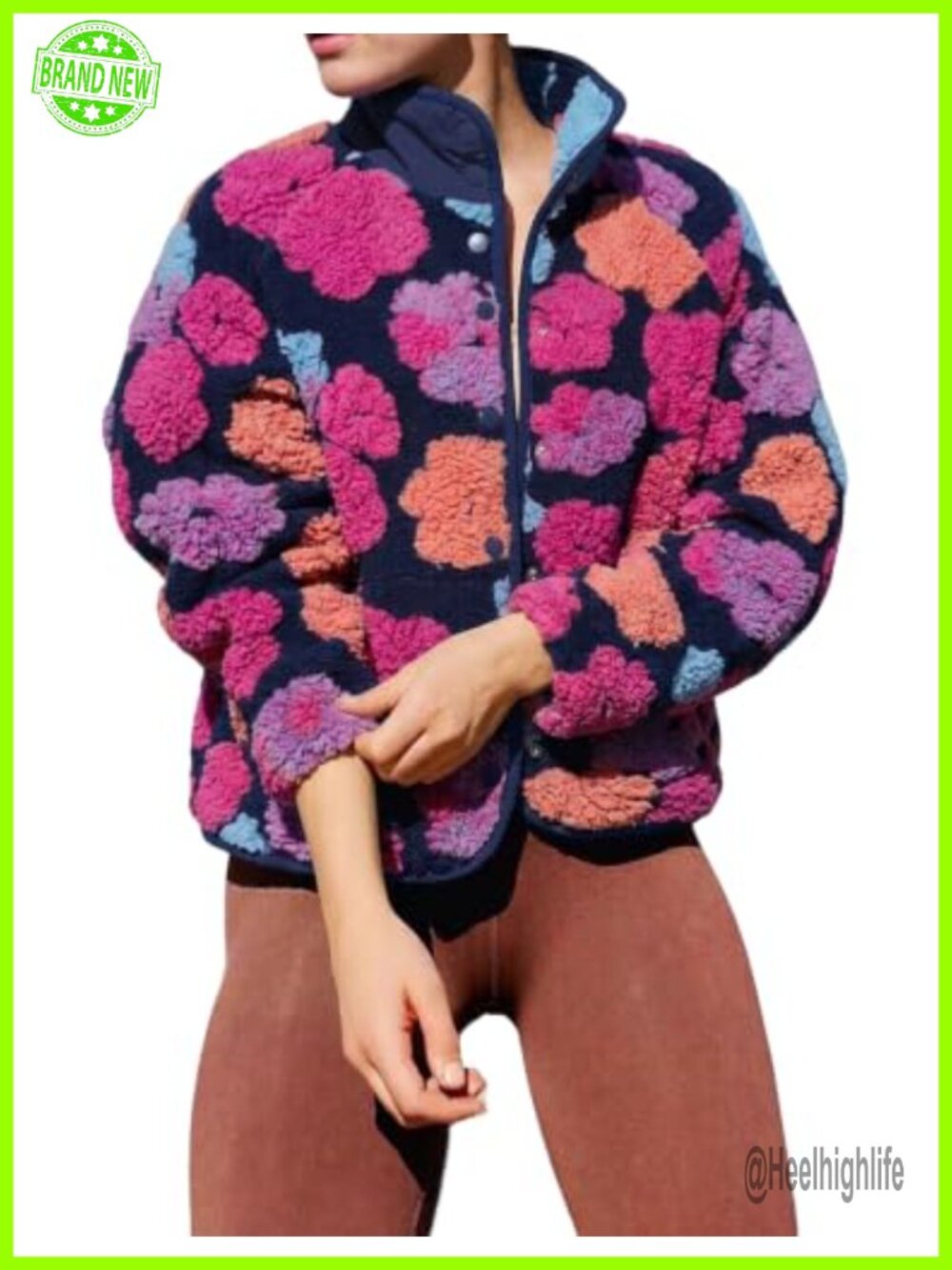 Floral Fleece Jacket Warm Button Down Sherpa Coat Fall